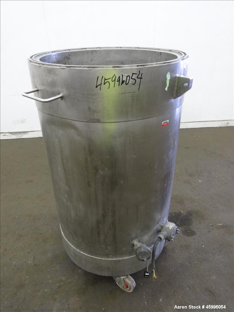 Used Tank, Approximate 50 Gallon, 304 Stainless Steel, Jacketed, Vertical. 24" Diameter x 27" straight side. Open top, dish bottom with a 1.5" center bottom outlet. Includes attached heating element ...