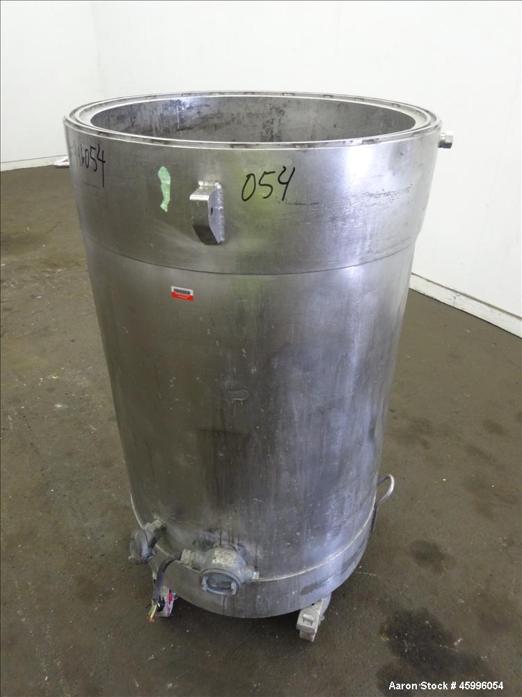 Used Tank, Approximate 50 Gallon, 304 Stainless Steel, Jacketed, Vertical. 24" Diameter x 27" straight side. Open top, dish bottom with a 1.5" center bottom outlet. Includes attached heating element ...