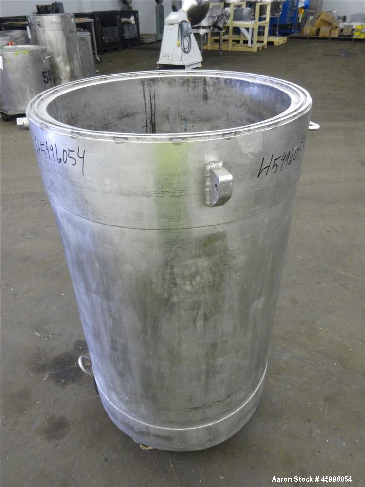Used Tank, Approximate 50 Gallon, 304 Stainless Steel, Jacketed, Vertical. 24" Diameter x 27" straight side. Open top, dish bottom with a 1.5" center bottom outlet. Includes attached heating element ...