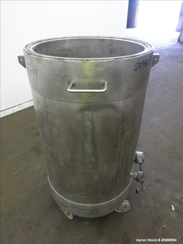 Used Tank, Approximate 50 Gallon, 304 Stainless Steel, Jacketed, Vertical. 24" Diameter x 27" straight side. Open top, dish bottom with a 1.5" center bottom outlet. Includes attached heating element ...