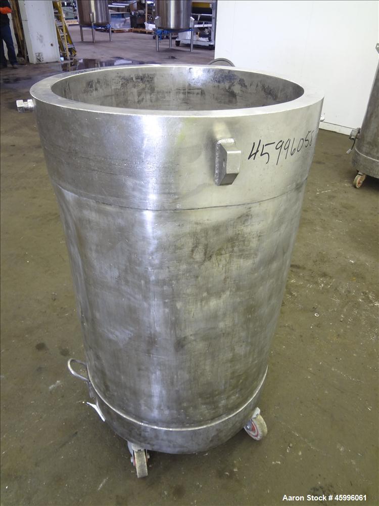 Used Tank, Approximate 50 Gallon, 304 Stainless Steel, Jacketed, Vertical. 24" Diameter x 27" straight side. Open top, dish bottom with a 1.5" center bottom outlet. Includes attached heating element ...