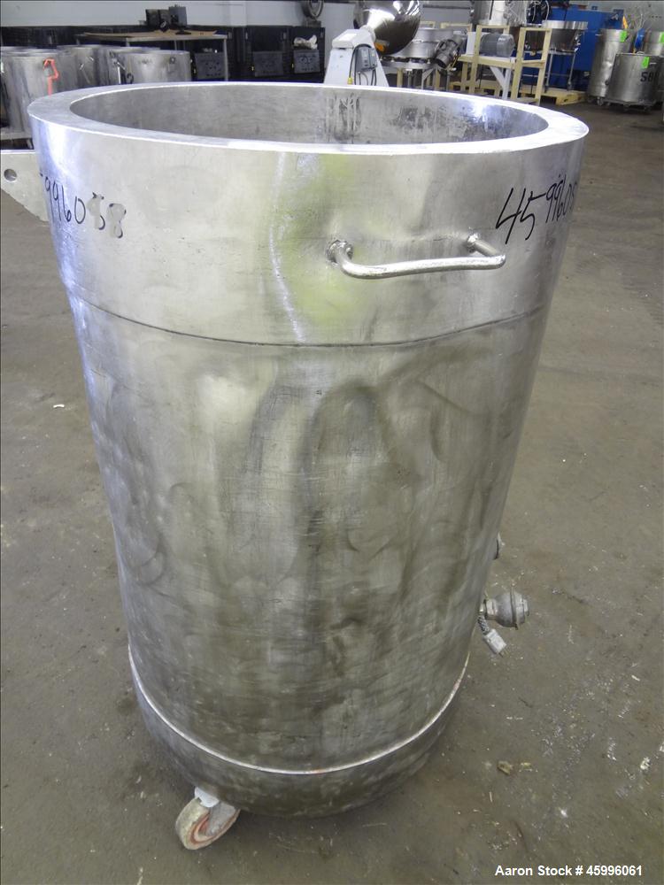 Used Tank, Approximate 50 Gallon, 304 Stainless Steel, Jacketed, Vertical. 24" Diameter x 27" straight side. Open top, dish bottom with a 1.5" center bottom outlet. Includes attached heating element ...