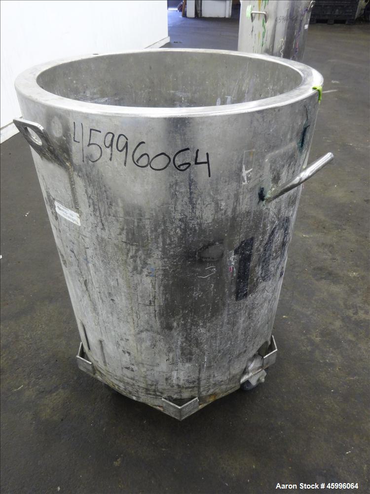 Used Tank, Approximate 30 Gallon, 304 Stainless Steel, Jacketed, Vertical. 20" diameter x 26" straight side. Pitched sloped bottom, open top, with a 2" side bottom outlet. Includes attached heating e...