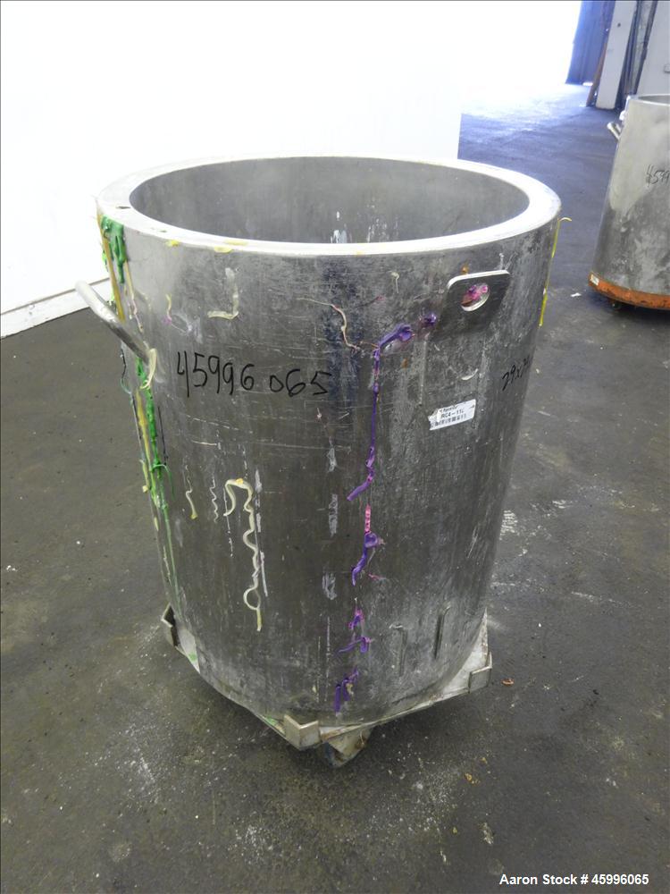 Used Tank, Approximate 30 Gallon, 304 Stainless Steel, Jacketed, Vertical. 20" diameter x 26" straight side. Pitched sloped bottom, open top, with a 2" side bottom outlet. Includes attached heating e...