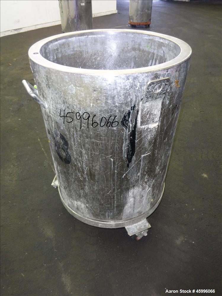 Used Tank, Approximate 30 Gallon, 304 Stainless Steel, Jacketed, Vertical. 20" diameter x 26" straight side. Pitched sloped bottom, open top, with a 2" side bottom outlet. Includes attached heating e...