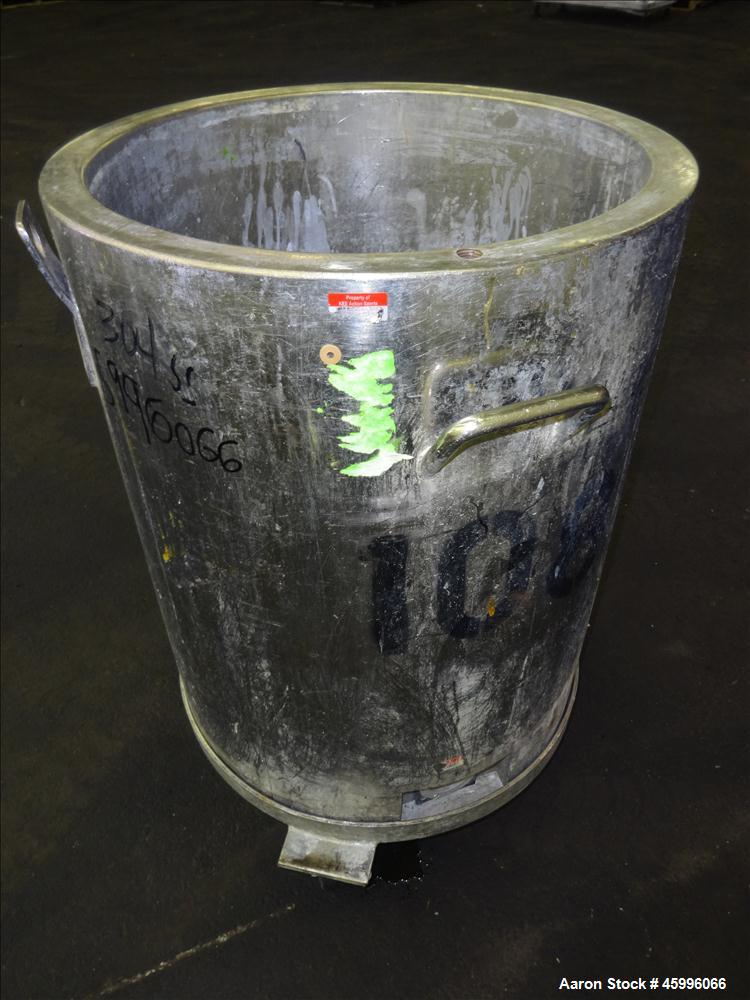 Used Tank, Approximate 30 Gallon, 304 Stainless Steel, Jacketed, Vertical. 20" diameter x 26" straight side. Pitched sloped bottom, open top, with a 2" side bottom outlet. Includes attached heating e...