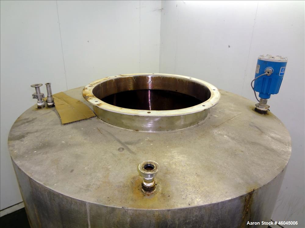 Used Tank, Approximate 330 Gallons, 304 Stainless Steel, Vertical. 45" diameter x 48" straight side, slight cone top, cone bottom. Top openings: 20" man way with cover, (3) 1" threaded, 2" threaded. ...