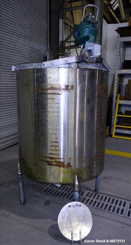 Used Tank, Approximate 300 Gallon, 304 Stainless Steel, Vertical. Approximate 44" diameter x 50" straight side, flat top, coned bottom. Off center top entering air operated Lightnin agitator model X3...