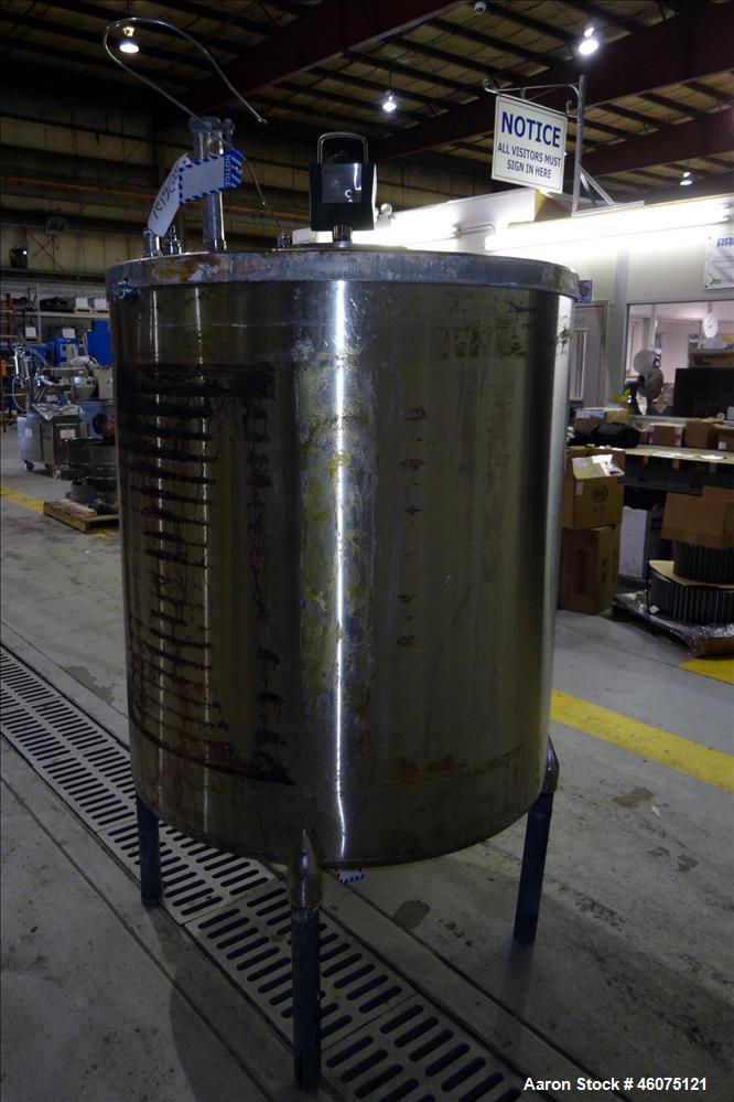 Used Tank, Approximate 300 Gallon, 304 Stainless Steel, Vertical. Approximate 44" diameter x 50" straight side, flat top, coned bottom. Off center top entering air operated Lightnin agitator model X3...