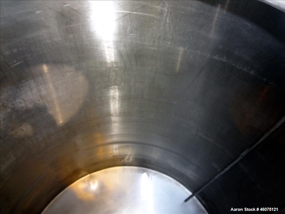 Used Tank, Approximate 300 Gallon, 304 Stainless Steel, Vertical. Approximate 44" diameter x 50" straight side, flat top, coned bottom. Off center top entering air operated Lightnin agitator model X3...