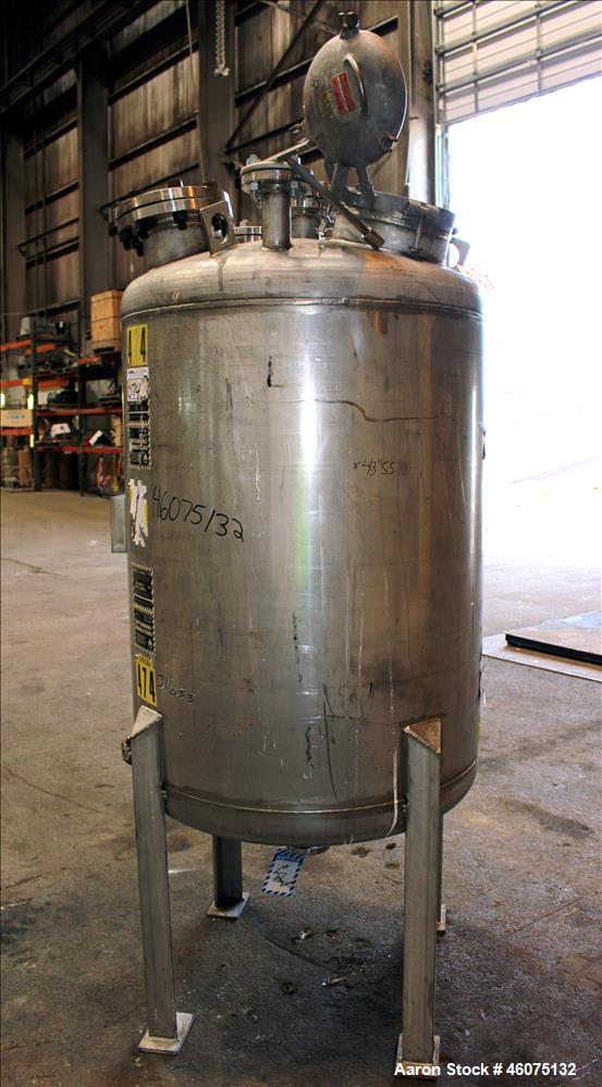 Used Tank, 200 Gallon, 316 Stainless Steel, Vertical. Approximate 36" diameter x 43" straight side, dished top & bottom. Openings top: 10" hand hole with hinged cover, (1) 6", (1) 4" sight glass, (2)...