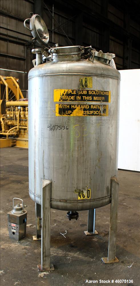 Used Tank, 200 Gallon, 316 Stainless Steel, Vertical. Approximate 36" diameter x 43" straight side, dished top & bottom. Off center top entering air operated Lightnin agitator, model EKXJAC-33, seria...