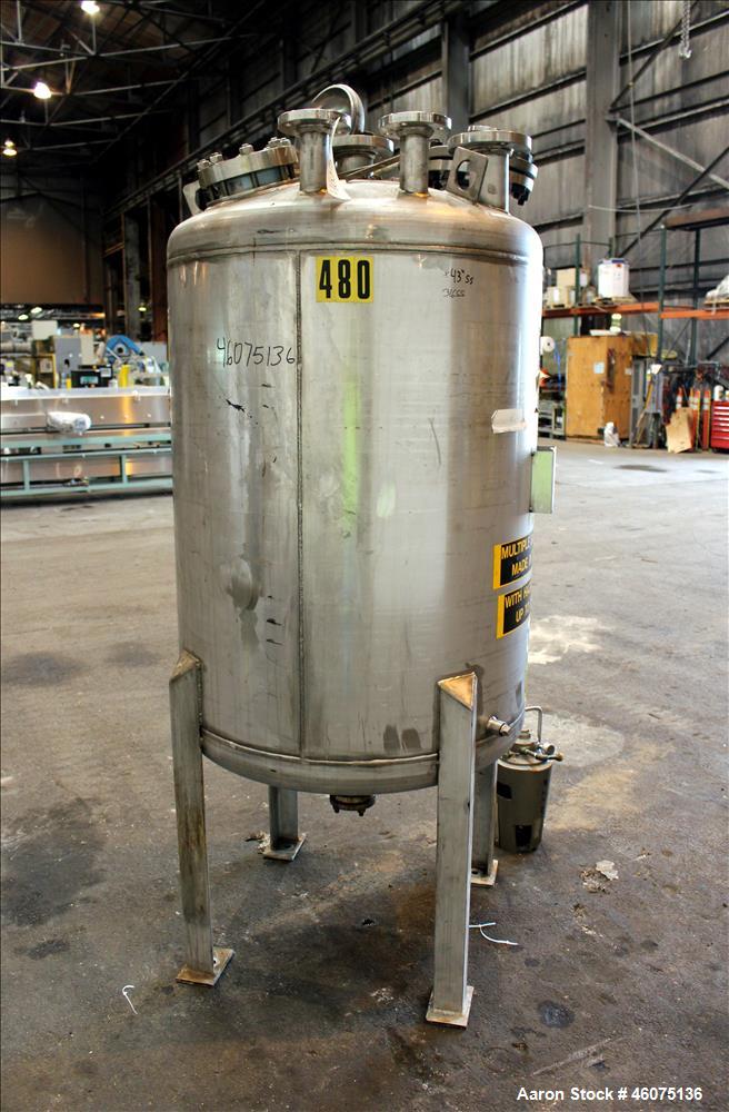 Used Tank, 200 Gallon, 316 Stainless Steel, Vertical. Approximate 36" diameter x 43" straight side, dished top & bottom. Off center top entering air operated Lightnin agitator, model EKXJAC-33, seria...