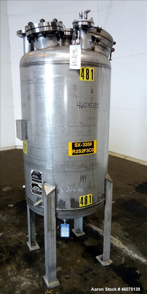 Used Tank, 100 Gallon, 316 Stainless Steel, Vertical. Approximate 26" diameter x 43" straight side, dished top & bottom. Top openings: 10" man way with cover, 3" center, 3", (3) 2", 6" with 4" sight ...