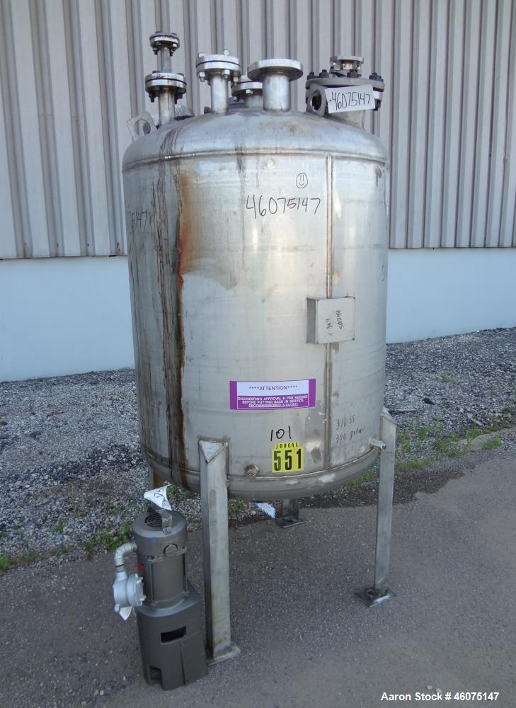 Used- Tank, 275 Gallon, 316 Stainless Steel, Vertical. Approximate 42" diameter x 43" straight side, dished top & bottom. Of...