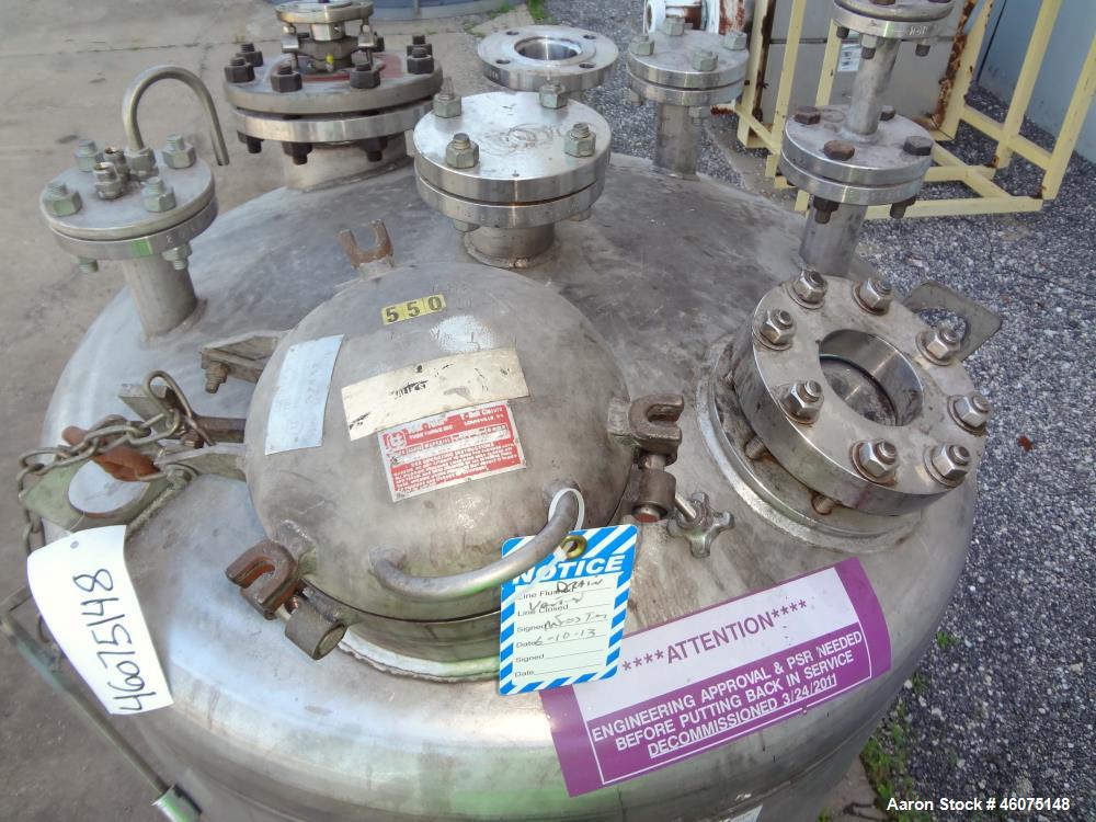 Used Tank, 275 Gallon, 316 Stainless Steel, Vertical. Approximate 42" diameter x 43" straight side, dished top & bottom. Off center top entering Lightnin agitator, model EKXJC-65, serial# 93/B35821-0...