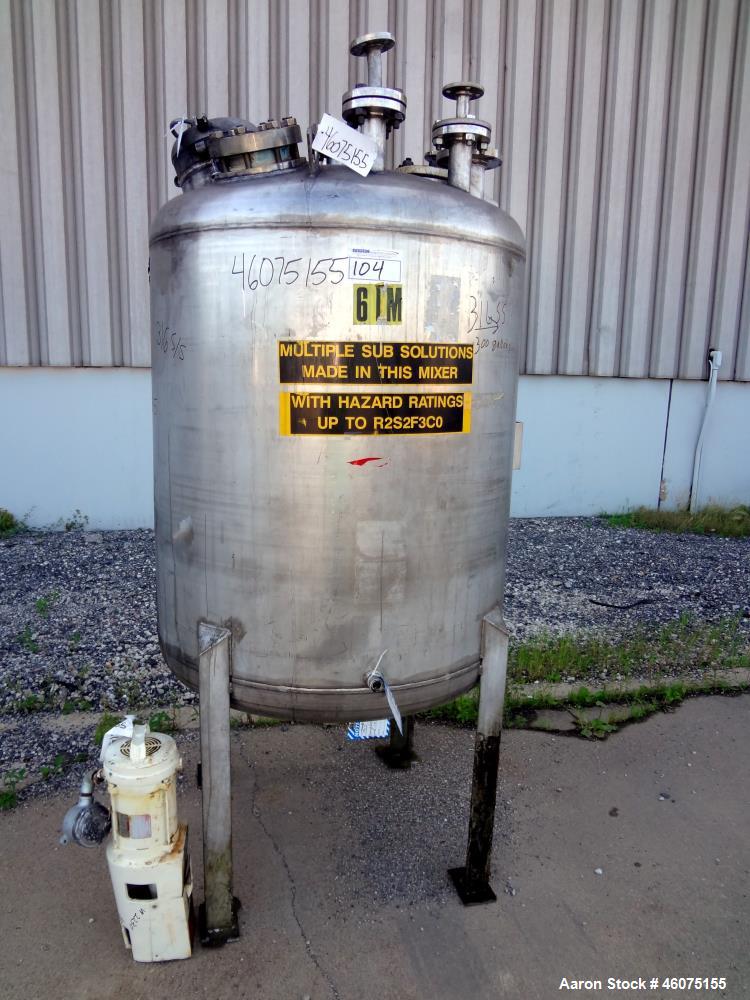 Used Tank, 275 Gallon, 304 Stainless Steel, Vertical. Approximate 42" diameter x 43" straight side, dished top & bottom. Off center top entering Lightnin agitator, model EKXJC-43, serial# 93/B35827-3...