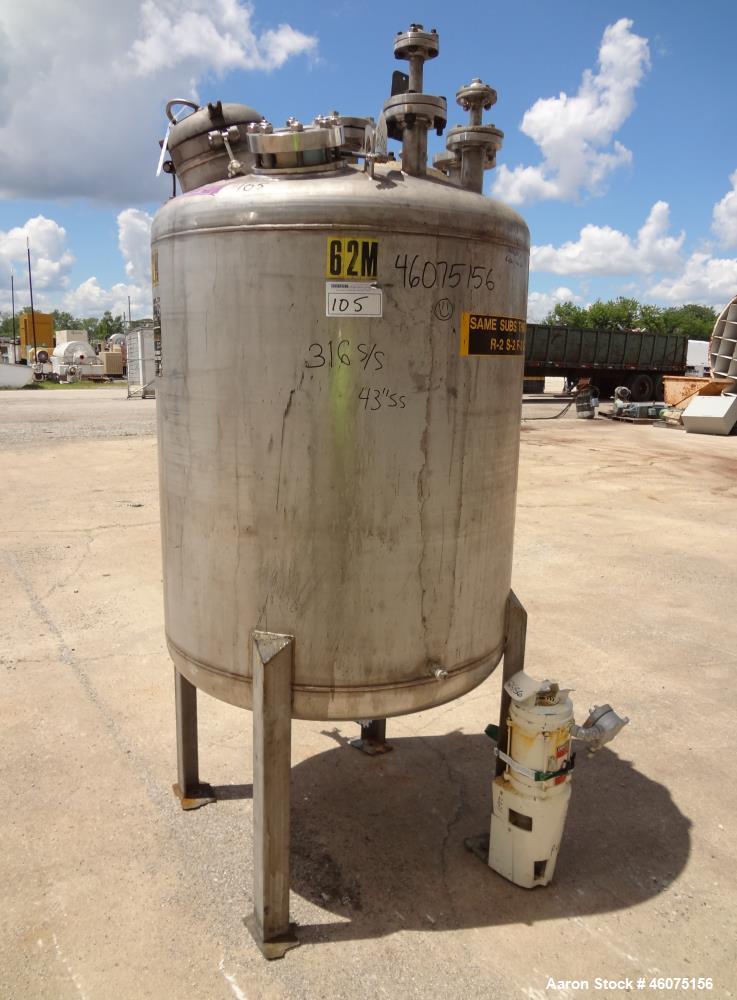 Used Tank, 275 Gallon, 316 Stainless Steel, Vertical. Approximate 42" diameter x 43" straight side, dished top & bottom. Off center top entering Lightnin agitator, model EKXJC-43, serial# 93/B35827-1...