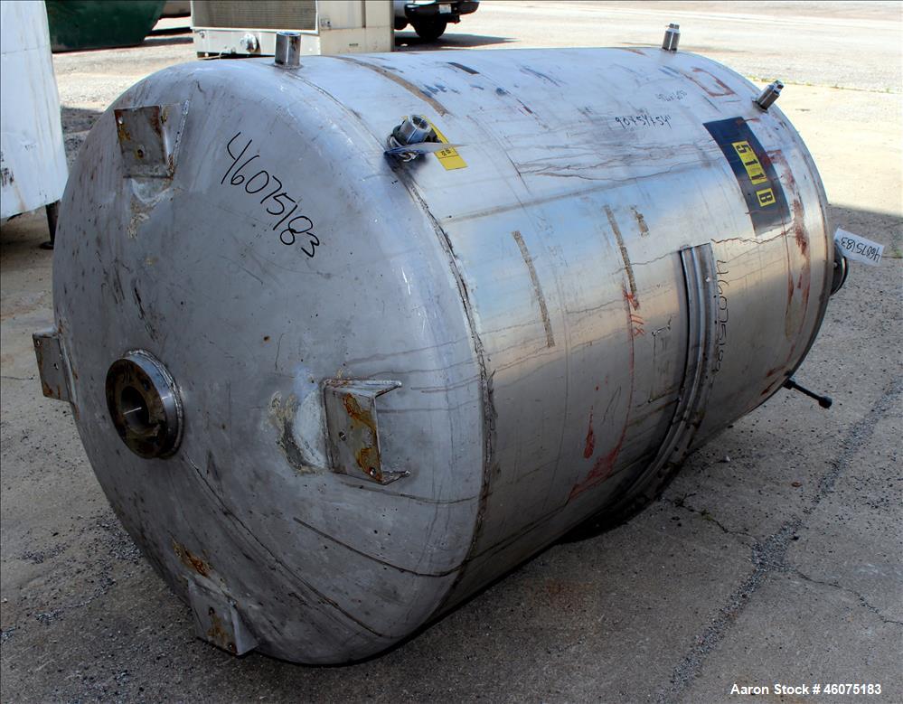 Used Tank, 500 Gallon, 304 Stainless Steel, Vertical. Approximate 48" diameter x 60" straight side, dished top & bottom. Openings top: 16" man way with hinged cover, (1) 4" sight glass, (1) 8", (3) 2...