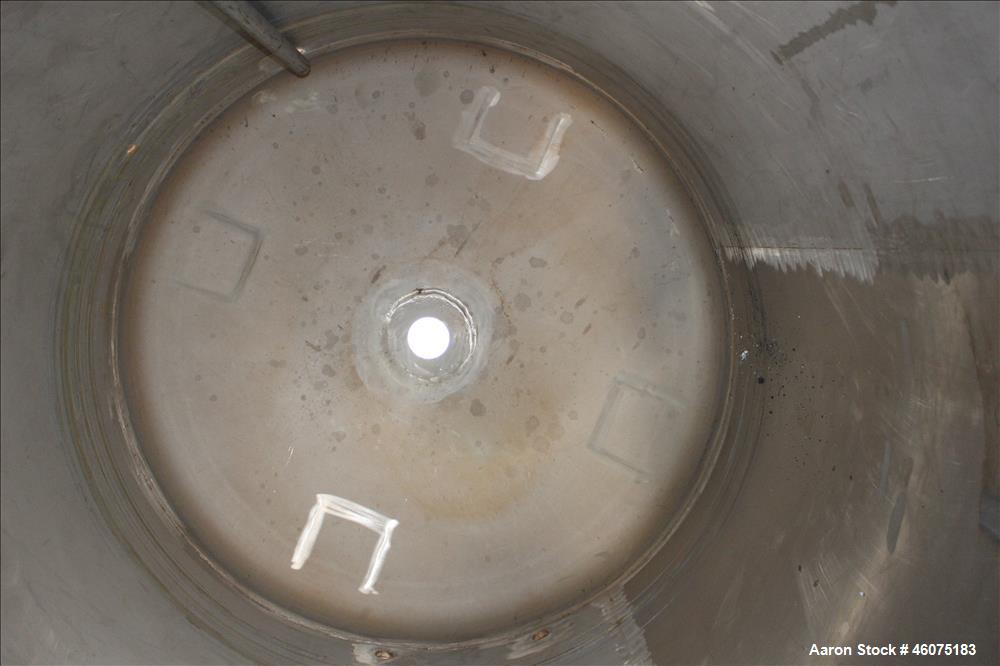 Used Tank, 500 Gallon, 304 Stainless Steel, Vertical. Approximate 48" diameter x 60" straight side, dished top & bottom. Openings top: 16" man way with hinged cover, (1) 4" sight glass, (1) 8", (3) 2...