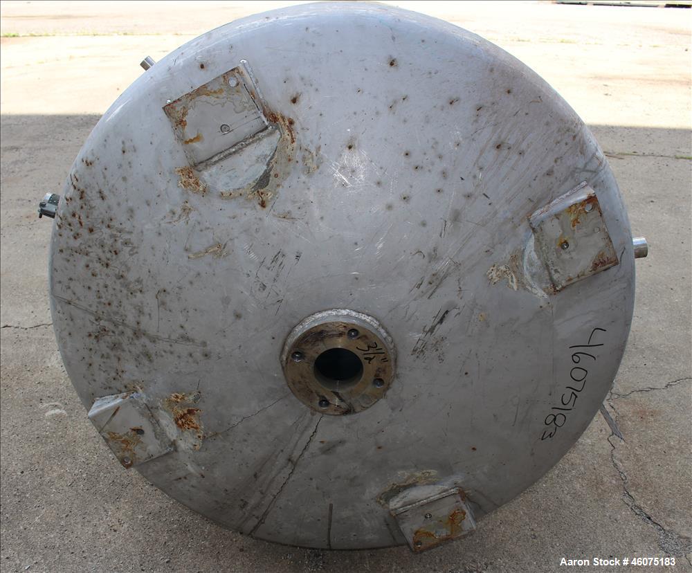 Used Tank, 500 Gallon, 304 Stainless Steel, Vertical. Approximate 48" diameter x 60" straight side, dished top & bottom. Openings top: 16" man way with hinged cover, (1) 4" sight glass, (1) 8", (3) 2...