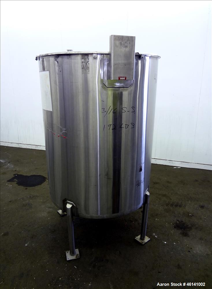 Used Tank, Approximately 250 Gallon, 316 Stainless Steel, Vertical. Flat top with a 1/3 hinged top cover, slight coned bottom. Provision for clamp on agitator (no agitator). Openings top (2) 1-1/2", ...