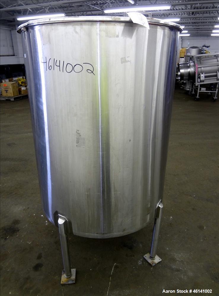 Used Tank, Approximately 250 Gallon, 316 Stainless Steel, Vertical. Flat top with a 1/3 hinged top cover, slight coned bottom. Provision for clamp on agitator (no agitator). Openings top (2) 1-1/2", ...