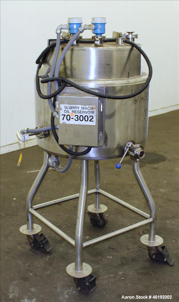 Used Tank, Approximately 30 Gallon, 304 Stainless steel. 23-1/2" Diameter x 16" straight side, insulated. Flat top, sloped bottom. Openings: (4) 2" tri-clamp, hinged top cover; 1-1/2" side bottom out...