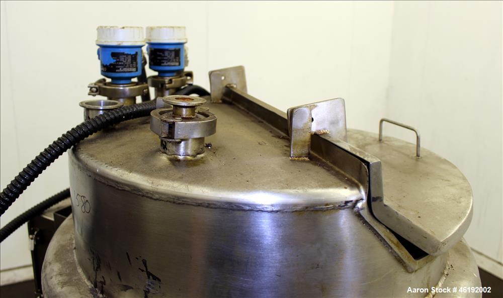 Used Tank, Approximately 30 Gallon, 304 Stainless steel. 23-1/2" Diameter x 16" straight side, insulated. Flat top, sloped bottom. Openings: (4) 2" tri-clamp, hinged top cover; 1-1/2" side bottom out...