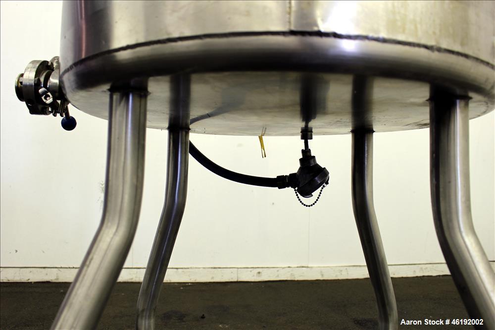 Used Tank, Approximately 30 Gallon, 304 Stainless steel. 23-1/2" Diameter x 16" straight side, insulated. Flat top, sloped bottom. Openings: (4) 2" tri-clamp, hinged top cover; 1-1/2" side bottom out...