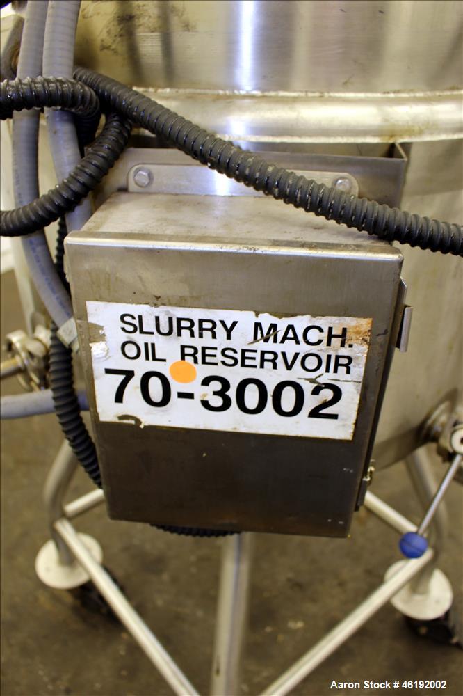 Used Tank, Approximately 30 Gallon, 304 Stainless steel. 23-1/2" Diameter x 16" straight side, insulated. Flat top, sloped bottom. Openings: (4) 2" tri-clamp, hinged top cover; 1-1/2" side bottom out...