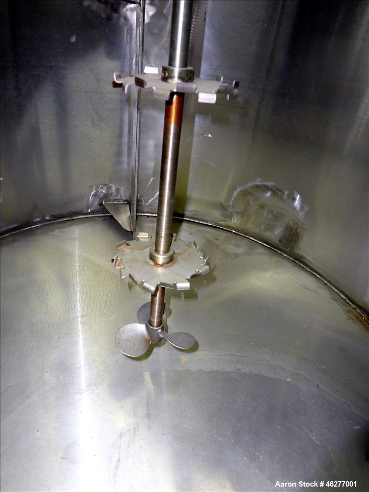 Used Tank, Approximately 320 Gallons, 304 Stainless Steel, Vertical. Approximately 45" diameter x 44" straight side. Flat top, sloped bottom. Carbon steel bridge with Sharpe disperser, model FDP-100,...