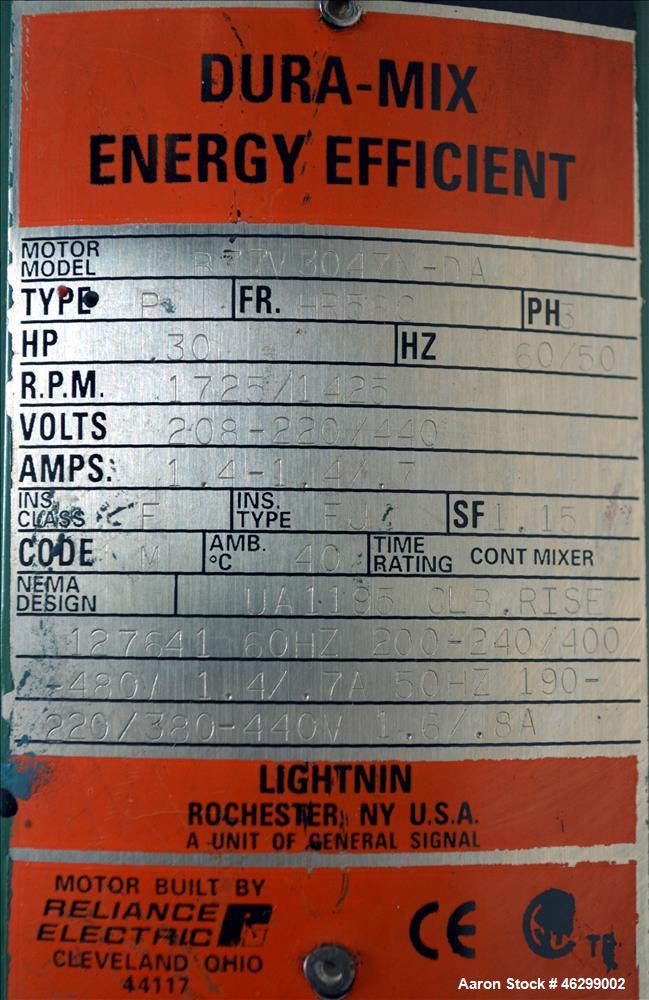 Used Tank, Approximately 40 Gallons, 304 Stainless Steel, Vertical. 20" Diameter x 30" straight side. Bolt-on flat top with 1/4 hinged cover, dished bottom. Top entering Lightnin agitator model XJC-3...