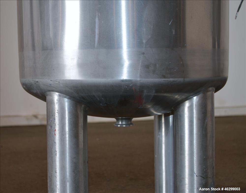 Used Tank, Approximately 40 Gallons, 304 Stainless Steel, Vertical. 20" Diameter x 30" straight side. Bolt-on flat top with 1/4 hinged cover, dished bottom. Top entering Lightnin agitator model XJC-3...