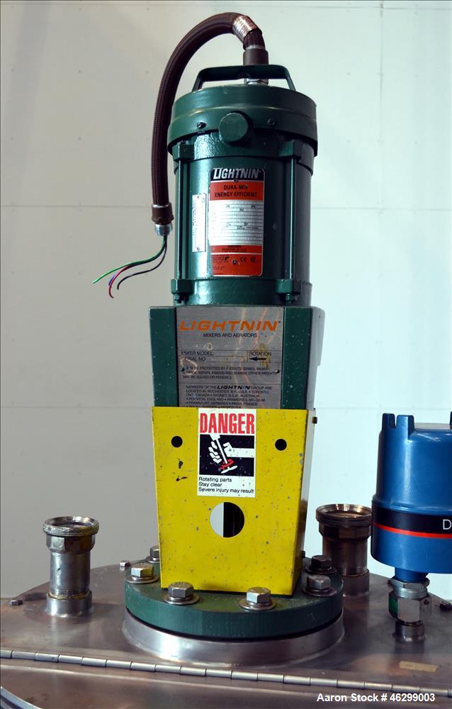 Used Tank, Approximately 40 Gallons, 304 Stainless Steel, Vertical. 20" Diameter x 30" straight side. Bolt-on flat top with 1/4 hinged cover, dished bottom. Top entering Lightnin agitator model XJC-3...