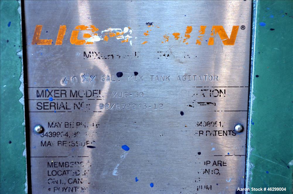 Used Tank, Approximately 40 Gallons, 304 Stainless Steel, Vertical. 20" Diameter x 30" straight side. Bolt-on flat top with 1/4 hinged cover, dished bottom. Top entering Lightnin agitator model XJC-3...