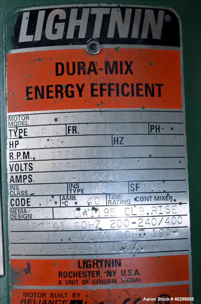 Used Tank, Approximately 40 Gallons, 304 Stainless Steel, Vertical. 20" Diameter x 30" straight side. Bolt-on flat top with 1/4 hinged cover, dished bottom. Top entering Lightnin agitator model XJC-3...