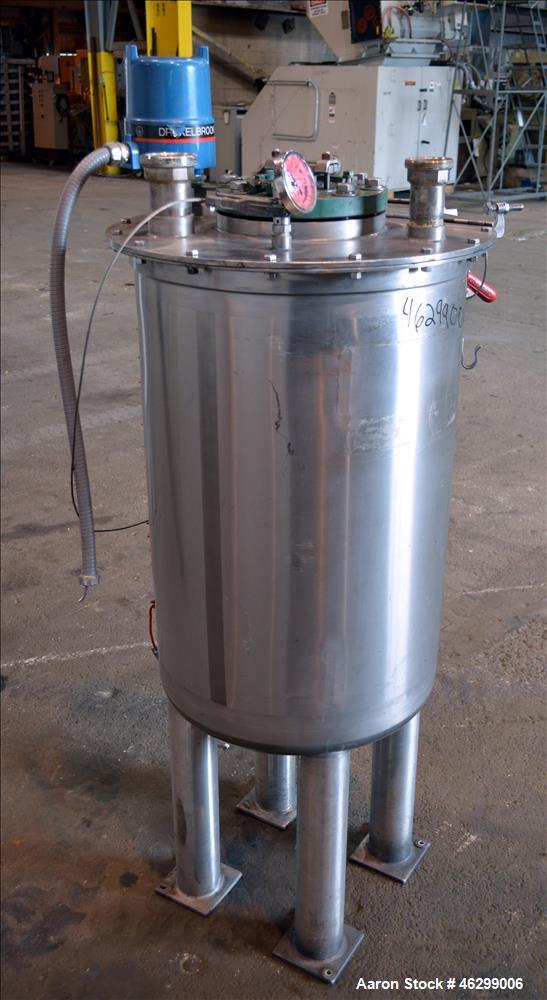 Used Tank, Approximately 40 Gallons, 304 Stainless Steel, Vertical. 20" Diameter x 30" straight side. Bolt-on flat top with 1/4 hinged cover, dished bottom. Top entering agitator (no motor), with 1" ...
