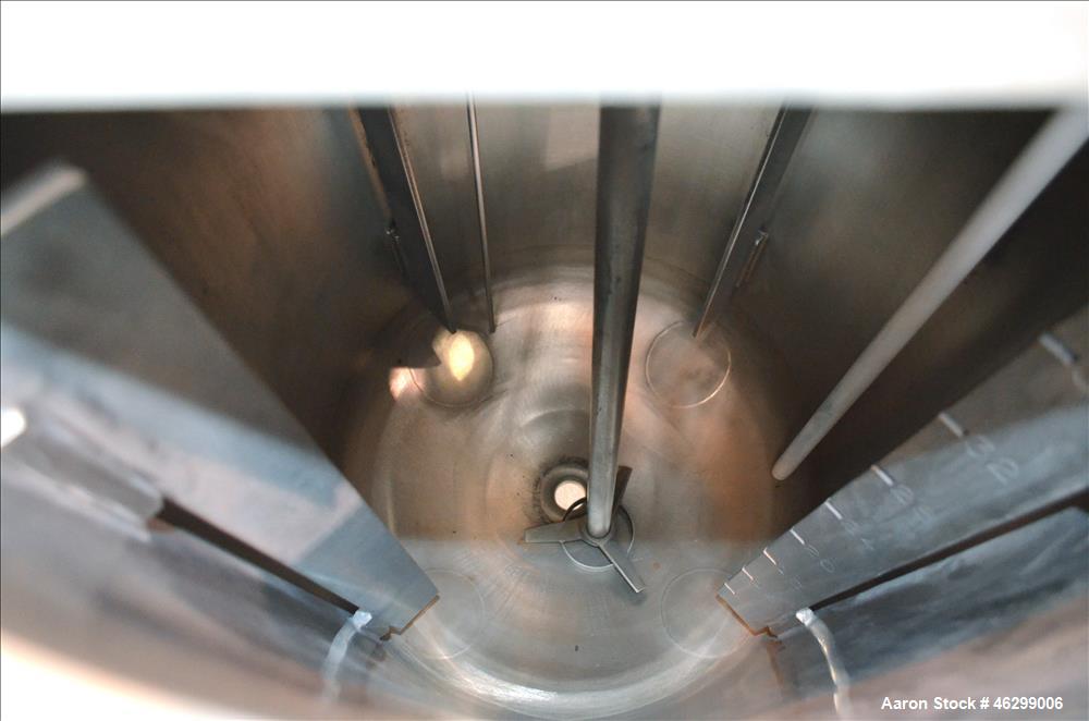Used Tank, Approximately 40 Gallons, 304 Stainless Steel, Vertical. 20" Diameter x 30" straight side. Bolt-on flat top with 1/4 hinged cover, dished bottom. Top entering agitator (no motor), with 1" ...