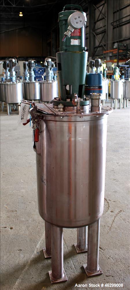 Used Tank, Approximately 40 Gallons, 304 Stainless Steel, Vertical. 20" Diameter x 30" straight side. Bolt-on flat top with 1/4 hinged cover, dished bottom. Top entering Lightnin agitator model XJC-3...