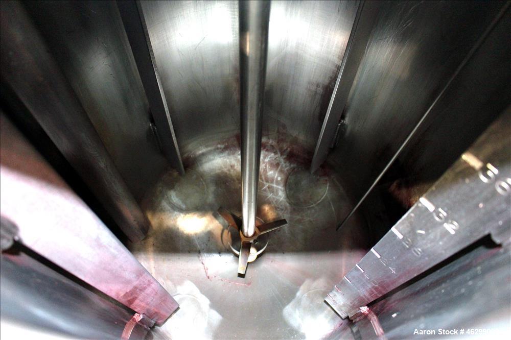 Used Tank, Approximately 40 Gallons, 304 Stainless Steel, Vertical. 20" Diameter x 30" straight side. Bolt-on flat top with 1/4 hinged cover, dished bottom. Top entering Lightnin agitator model XJC-3...