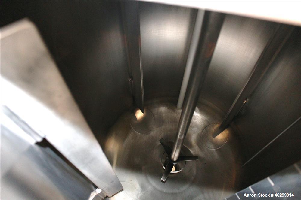 Used Tank, Approximately 40 Gallons, 304 Stainless Steel, Vertical. 20" Diameter x 30" straight side. Bolt-on flat top with 1/4 hinged cover, dished bottom. Top entering Lightnin agitator model XJC-3...