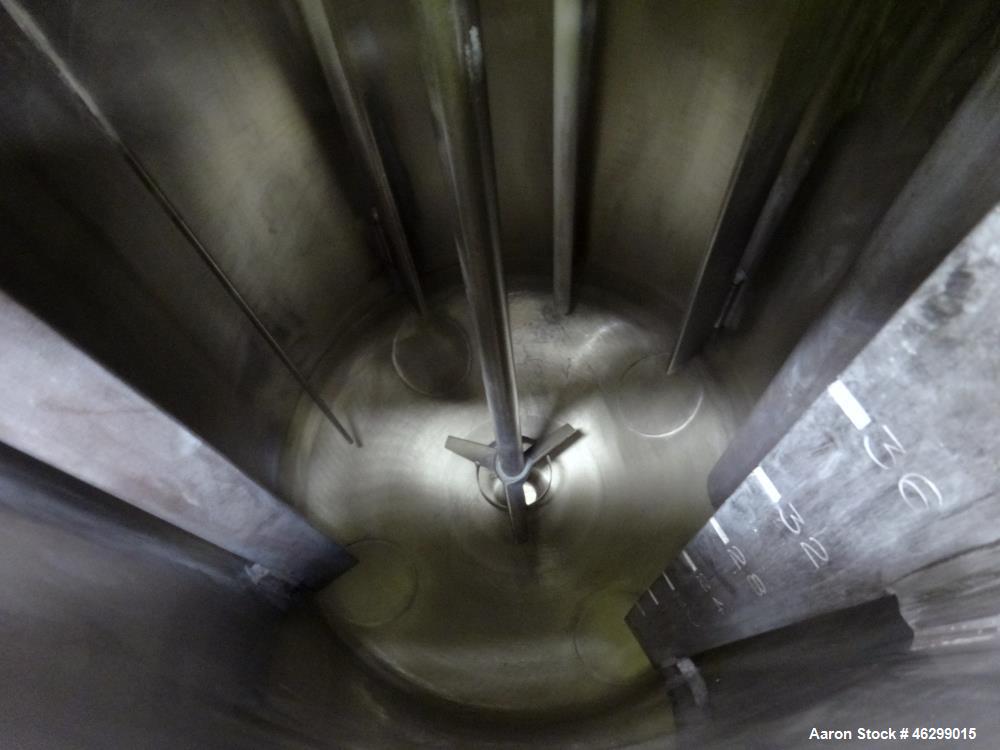 Used Tank, Approximately 40 Gallons, 304 Stainless Steel, Vertical. 20" Diameter x 30" straight side. Bolt-on flat top with 1/4 hinged cover, dished bottom. Top entering Lightnin agitator model XJC-3...