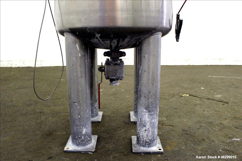 Used Tank, Approximately 40 Gallons, 304 Stainless Steel, Vertical. 20" Diameter x 30" straight side. Bolt-on flat top with 1/4 hinged cover, dished bottom. Top entering Lightnin agitator model XJC-3...