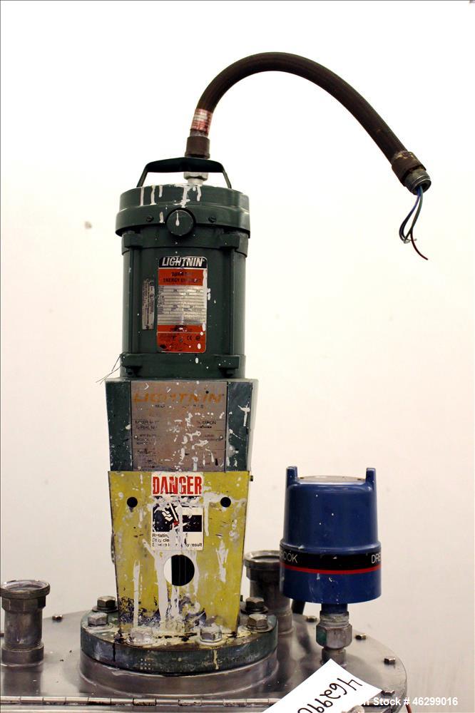 Used Tank, Approximately 40 Gallons, 304 Stainless Steel, Vertical. 20" Diameter x 30" straight side. Bolt-on flat top with 1/4 hinged cover, dished bottom. Top entering Lightnin agitator model XJC-3...