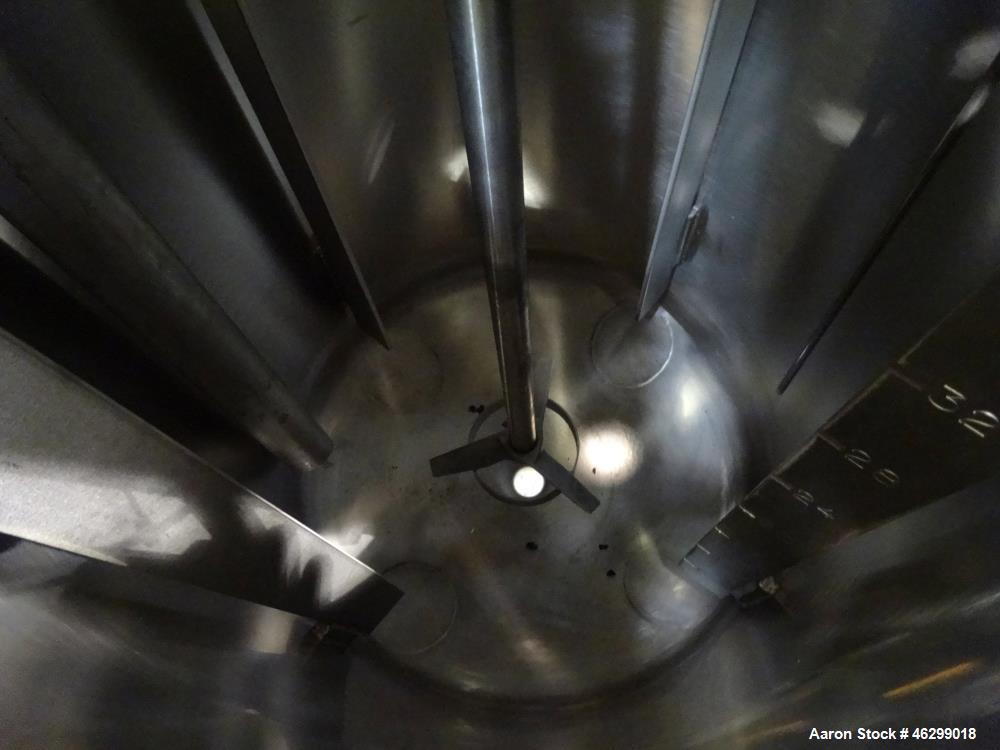Used Tank, Approximately 40 Gallons, 304 Stainless Steel, Vertical. 20" Diameter x 30" straight side. Bolt-on flat top with 1/4 hinged cover, dished bottom. Top entering Lightnin agitator model XJC-3...