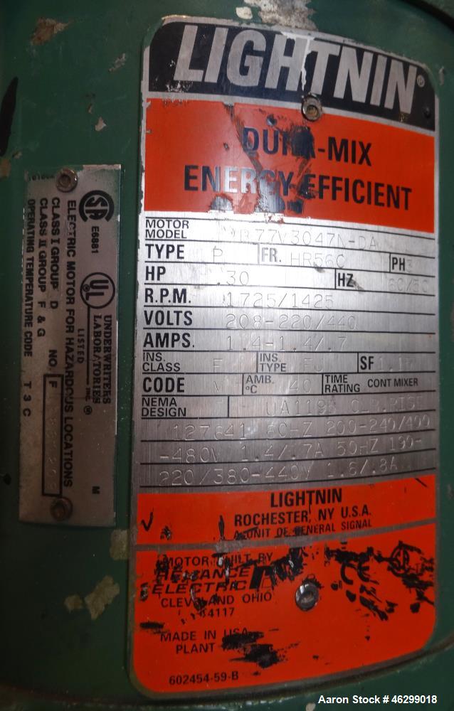 Used Tank, Approximately 40 Gallons, 304 Stainless Steel, Vertical. 20" Diameter x 30" straight side. Bolt-on flat top with 1/4 hinged cover, dished bottom. Top entering Lightnin agitator model XJC-3...