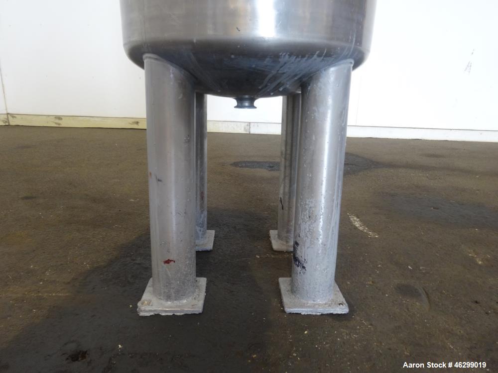 Used Tank, Approximately 40 Gallons, 304 Stainless Steel, Vertical. 20" Diameter x 30" straight side. Bolt-on flat top with 1/4 hinged cover, dished bottom. Top entering Lightnin agitator model XJC-3...