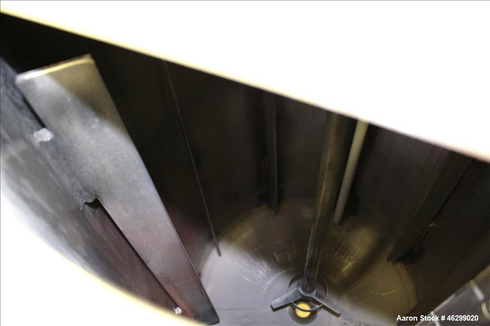 Used Tank, Approximately 40 Gallons, 304 Stainless Steel, Vertical. 20" Diameter x 30" straight side. Bolt-on flat top with 1/4 hinged cover, dished bottom. Top entering Lightnin agitator model XJC-3...
