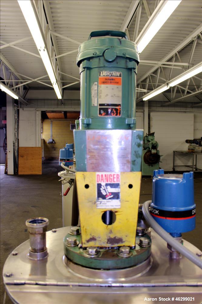 Used Tank, Approximately 40 Gallons, 304 Stainless Steel, Vertical. 20" Diameter x 30" straight side. Bolt-on flat top with 1/4 hinged cover, dished bottom. Top entering Lightnin agitator model XJC-3...
